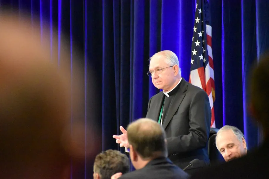 Archbishop Gomez addresses his brother bishops after being elected to a three-year term as president of the U.S. Conference of Catholic Bishops during the USCCB's fall meeting in Baltimore, Nov. 11, 2019?w=200&h=150